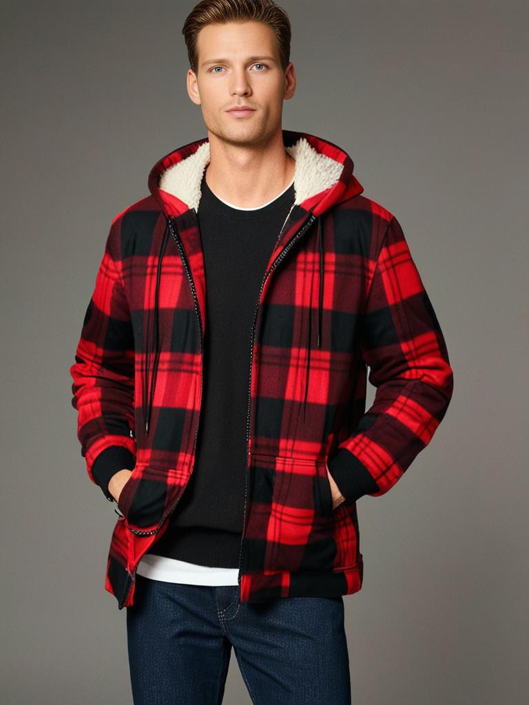 Levi - Giacca da uomo in pile a quadri con cappuccio