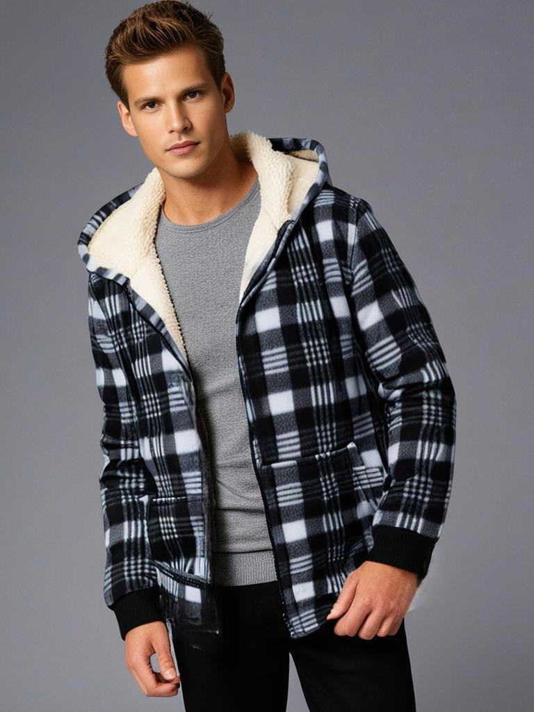 Levi - Giacca da uomo in pile a quadri con cappuccio