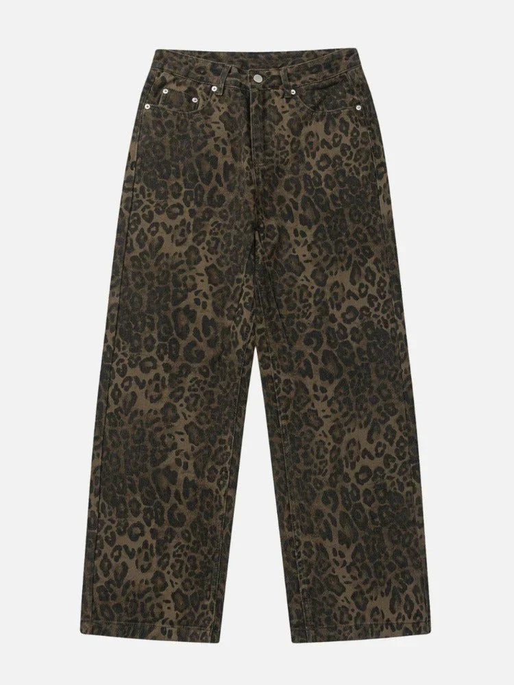Morvessa – Jeans a gamba larga con stampa leopardata