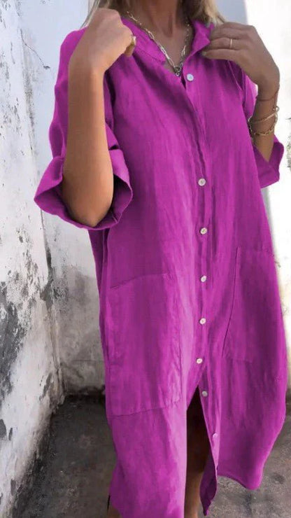 Tezra – Elegante abito chemisier in lino con abbottonatura