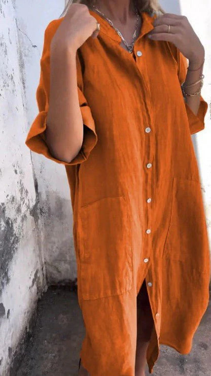 Tezra – Elegante abito chemisier in lino con abbottonatura