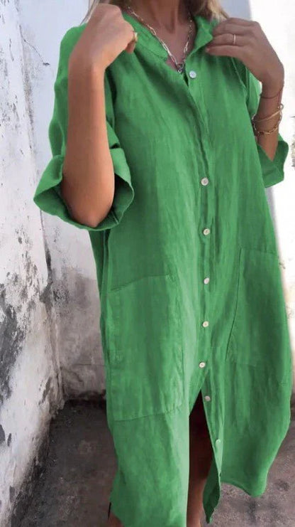 Tezra – Elegante abito chemisier in lino con abbottonatura