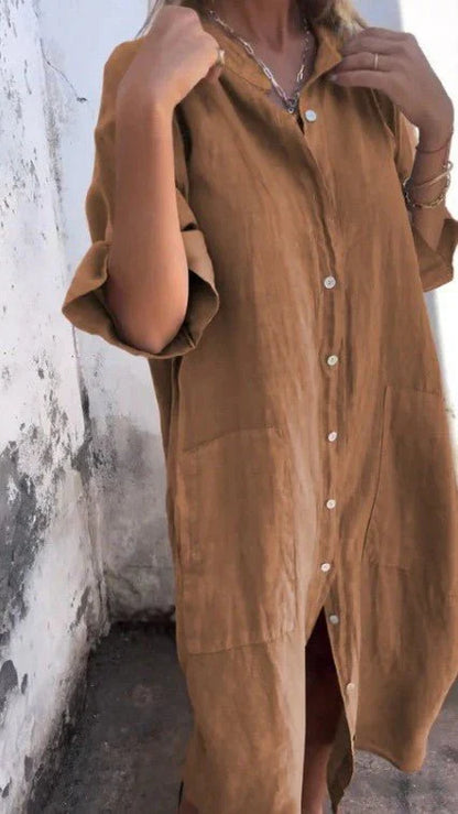 Tezra – Elegante abito chemisier in lino con abbottonatura