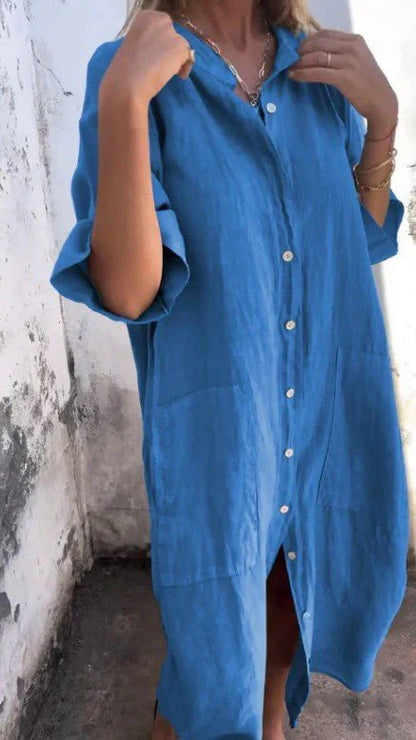 Tezra – Elegante abito chemisier in lino con abbottonatura