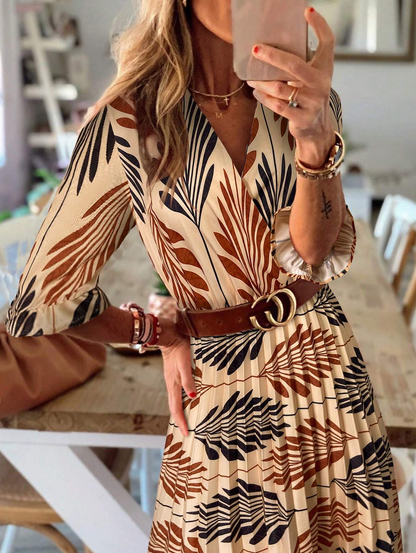 Genina – Abito midi plissettato con stampa di foglie tropicali