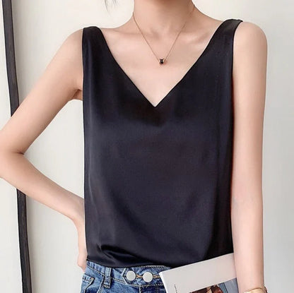Novaine – Top in raso di alta qualità con scollo a V